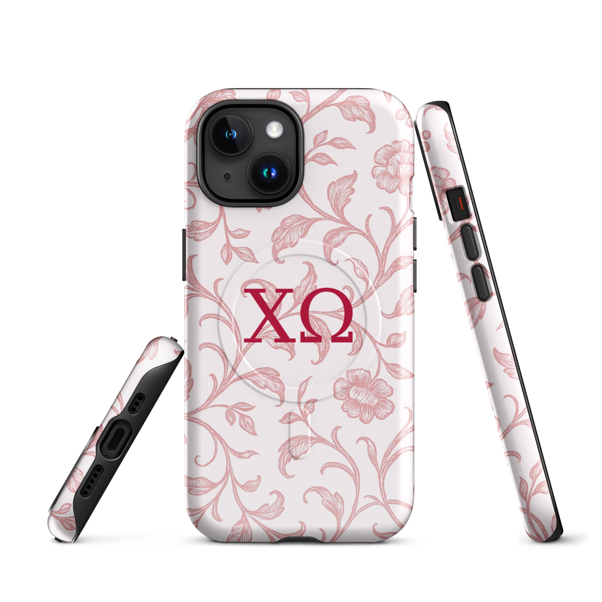 Chi Omega iPhone case with floral toile design in cardinal on white background and XO Greek letters, MagSafe compatible, glossy finish, front and side views