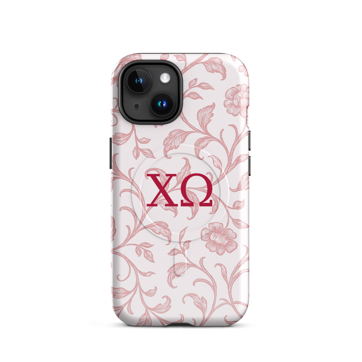 Chi Omega iPhone case with floral toile design in cardinal on white background and XO Greek letters, MagSafe compatible, glossy finish