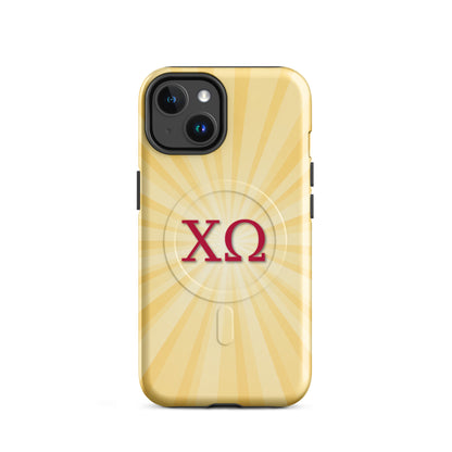 Chi Omega iPhone 14 case with golden sunburst design and cardinal Greek letters, MagSafe compatible, glossy finish