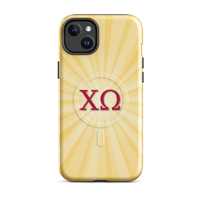 Chi Omega iPhone 14 Plus case featuring radiant golden sunburst rays with cardinal XO letters on a glossy MagSafe compatible case