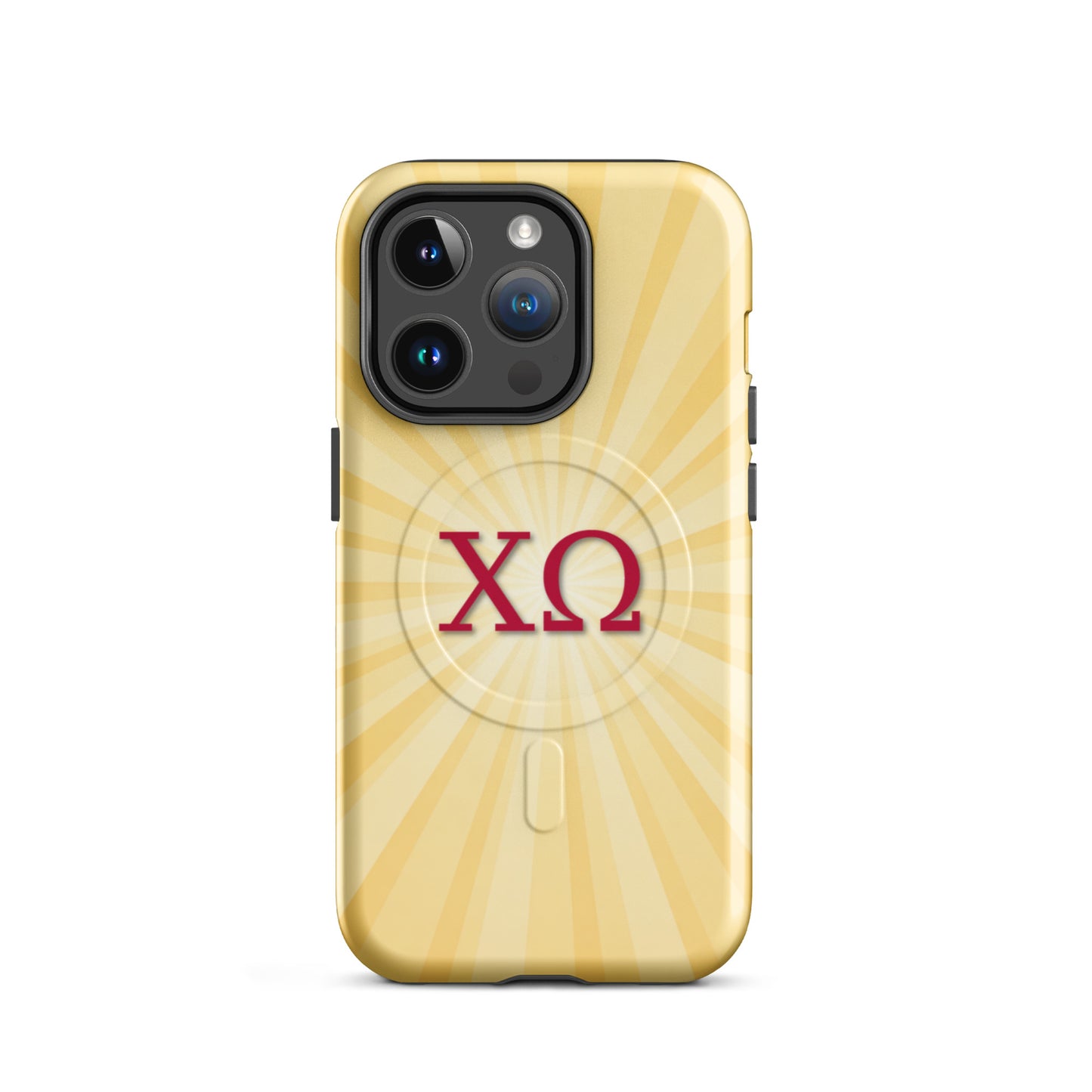 Chi Omega golden sunburst iPhone 14 Pro case with cardinal and straw colors, XO Greek letters, MagSafe compatible protective phone case