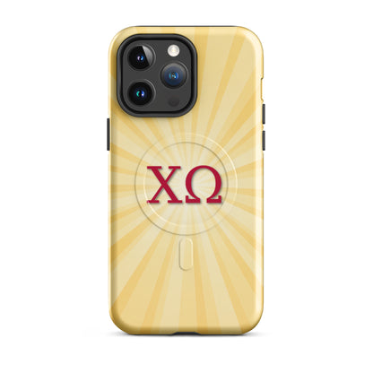 Chi Omega iPhone 14 Pro Max case with golden sunburst design and cardinal Greek letters, MagSafe compatible, glossy finish