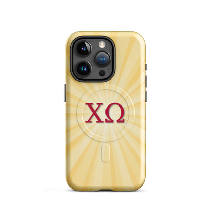 Chi Omega iPhone 15 Pro case with golden sunburst design and cardinal Greek letters, MagSafe compatible, glossy finish