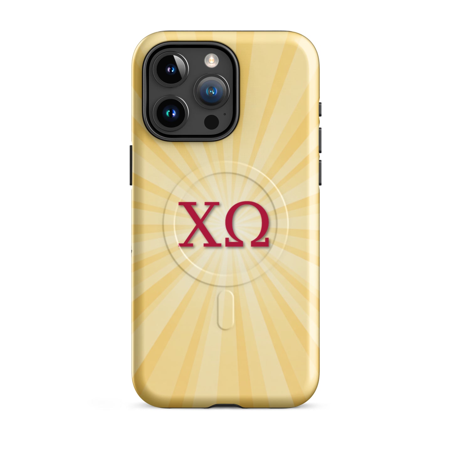 Chi Omega iPhone 15 Pro Max case featuring radiant golden sunburst rays with cardinal XO letters on a glossy MagSafe compatible case