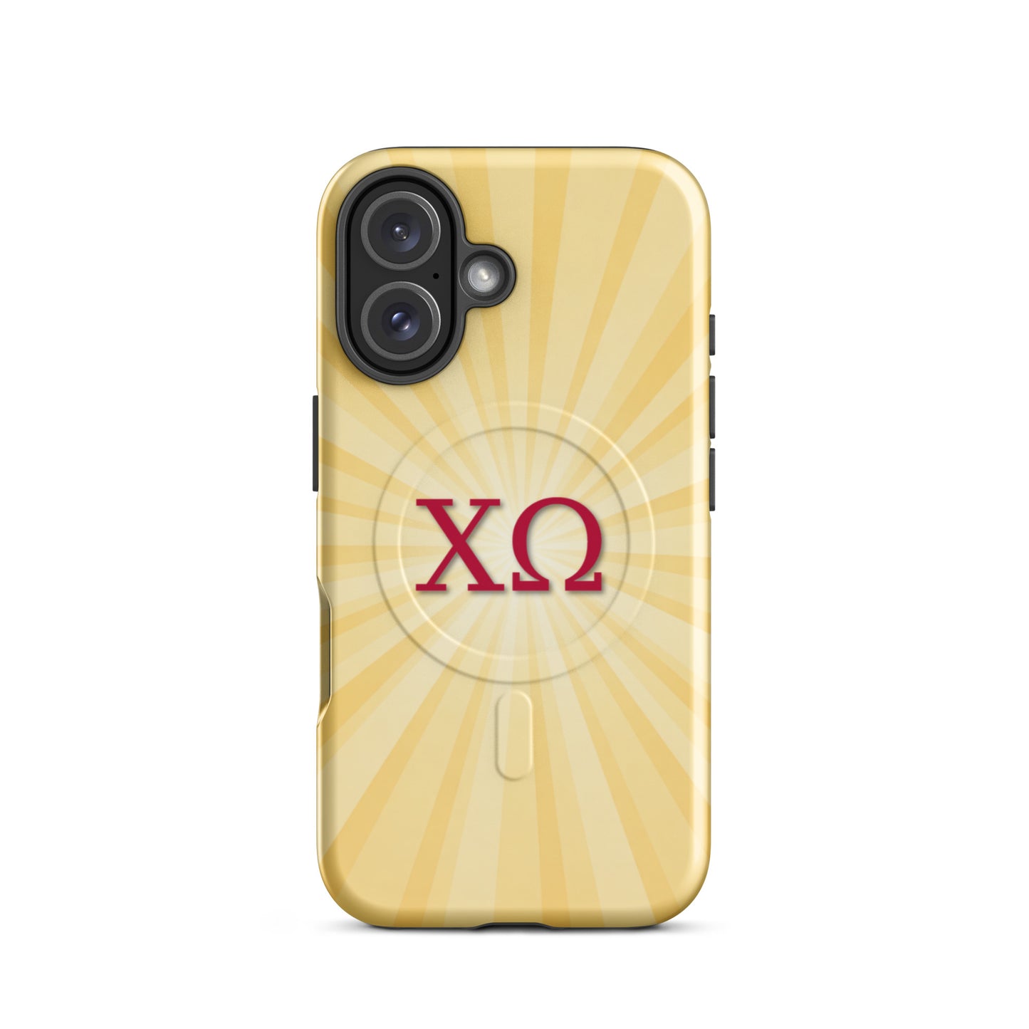 Chi Omega golden sunburst iPhone 16 case with cardinal and straw colors, XO Greek letters, MagSafe compatible protective phone case