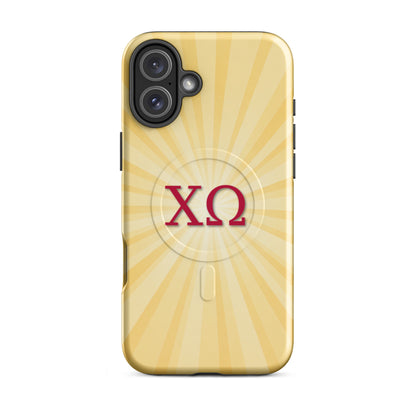 Chi Omega iPhone 16 Plus case with golden sunburst design and cardinal Greek letters, MagSafe compatible, glossy finish