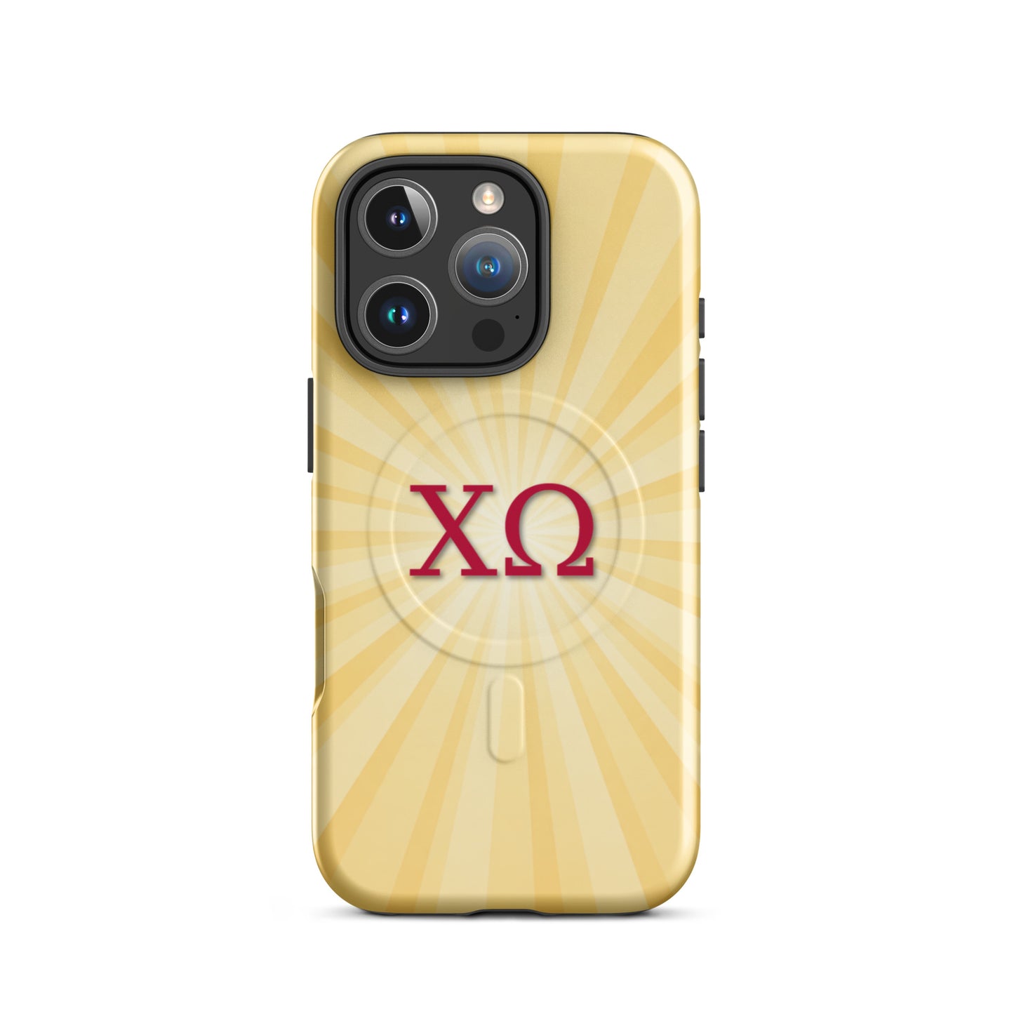 Chi Omega iPhone 16 Pro case featuring radiant golden sunburst rays with cardinal XO letters on a glossy MagSafe compatible case