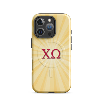 Chi Omega iPhone 16 Pro case featuring radiant golden sunburst rays with cardinal XO letters on a glossy MagSafe compatible case