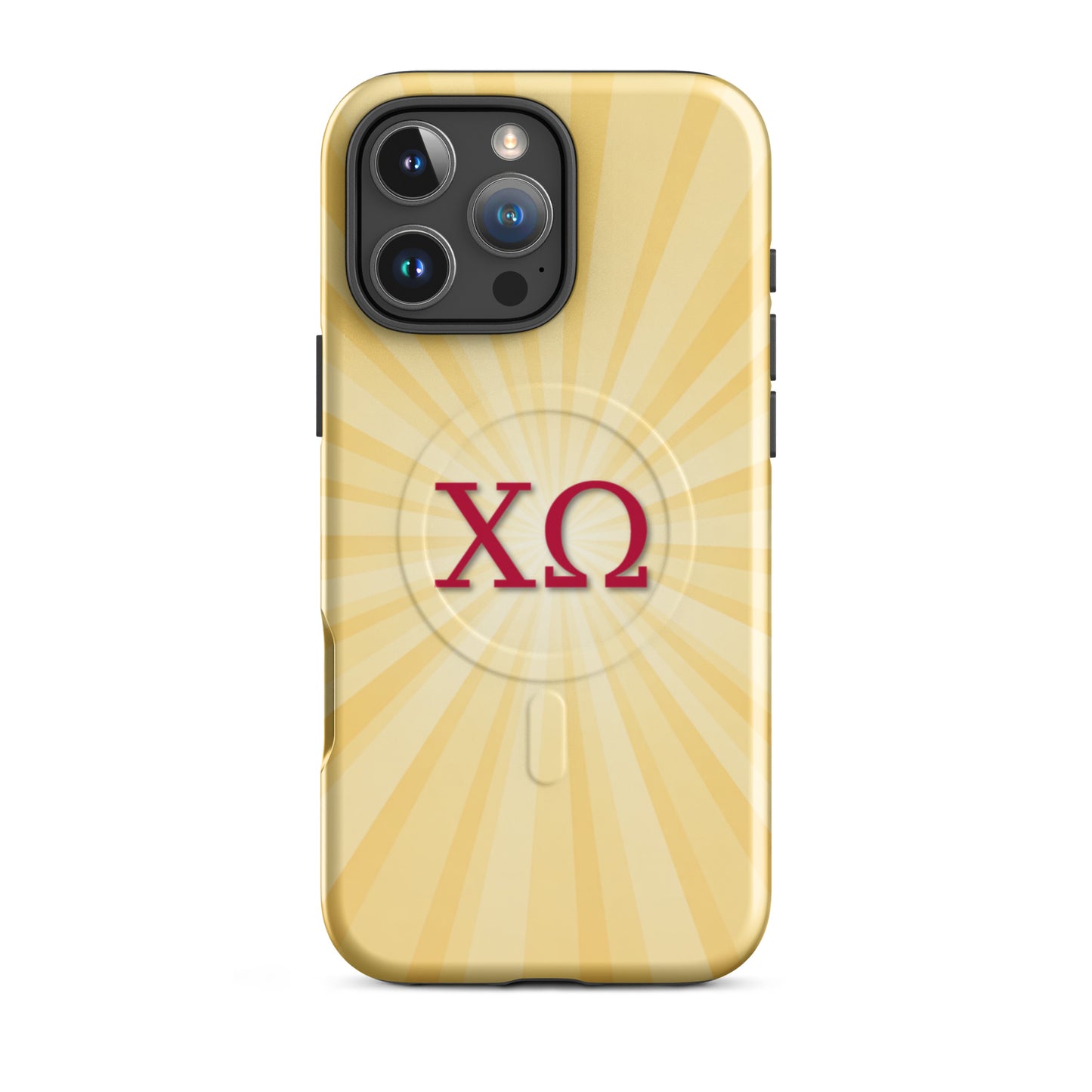Chi Omega golden sunburst iPhone 16 Pro Max case with cardinal and straw colors, XO Greek letters, MagSafe compatible protective phone case