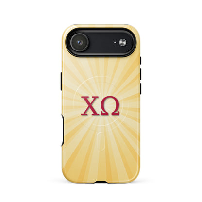 Chi Omega iPhone 17 Air case featuring radiant golden sunburst rays with cardinal XO letters on a glossy MagSafe compatible case