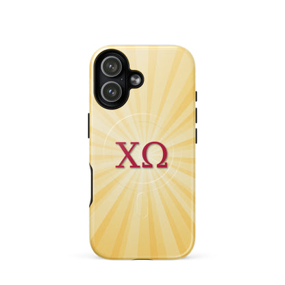 Chi Omega iPhone 17 case with golden sunburst design and cardinal Greek letters, MagSafe compatible, glossy finish