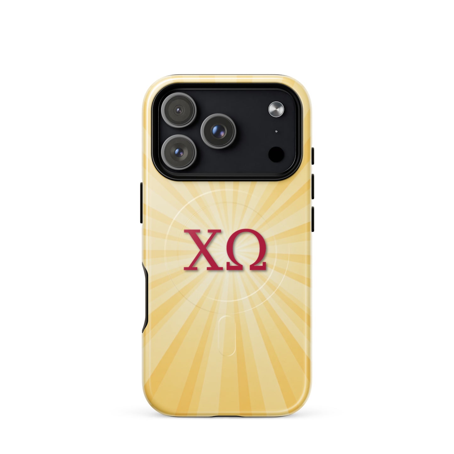 Chi Omega golden sunburst iPhone 17 Pro case with cardinal and straw colors, XO Greek letters, MagSafe compatible protective phone case
