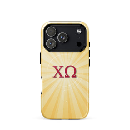 Chi Omega golden sunburst iPhone 17 Pro case with cardinal and straw colors, XO Greek letters, MagSafe compatible protective phone case