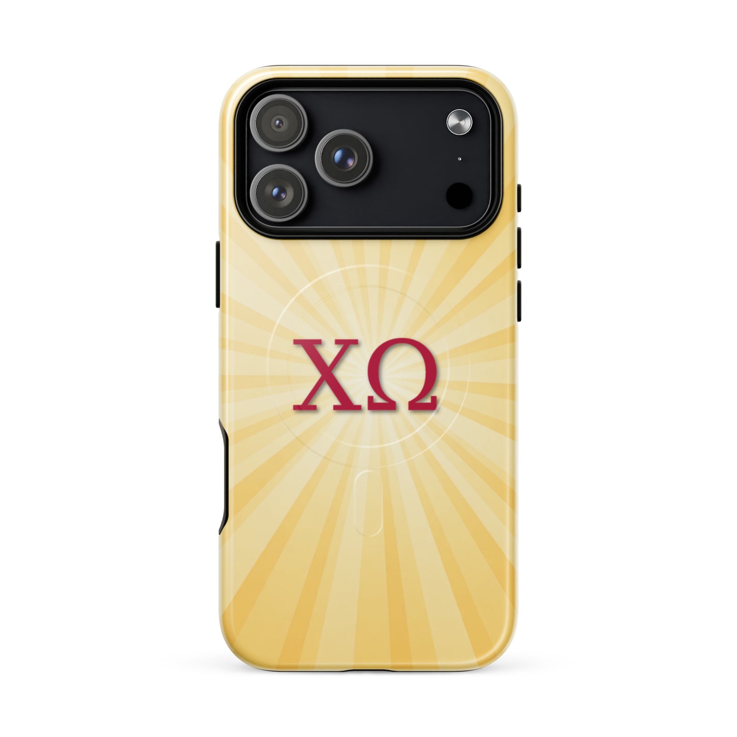 Chi Omega iPhone 17 Pro Max case with golden sunburst design and cardinal Greek letters, MagSafe compatible, glossy finish