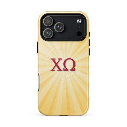 Chi Omega iPhone 17 Pro Max case with golden sunburst design and cardinal Greek letters, MagSafe compatible, glossy finish