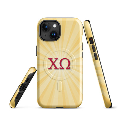 Chi Omega iPhone case with golden sunburst design and cardinal Greek letters, MagSafe compatible, glossy finish, front and side views