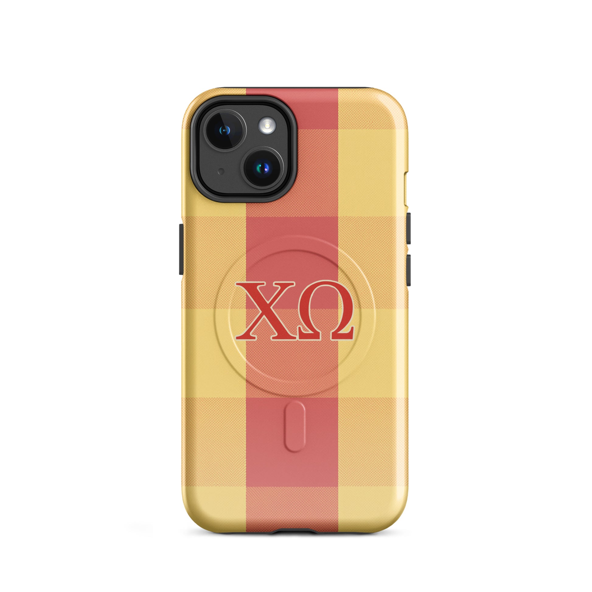 Chi Omega iPhone case with cardinal and straw plaid design and XO Greek letters, MagSafe compatible, glossy finish