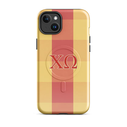 Chi Omega iPhone 14 Plus case featuring buffalo plaid pattern in cardinal and straw with XO Greek letters, MagSafe compatible