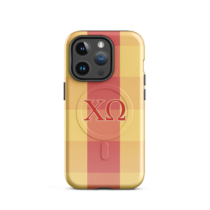 Chi Omega plaid iPhone 14 Pro case with cardinal and straw check pattern and XO letters, MagSafe compatible protective phone case