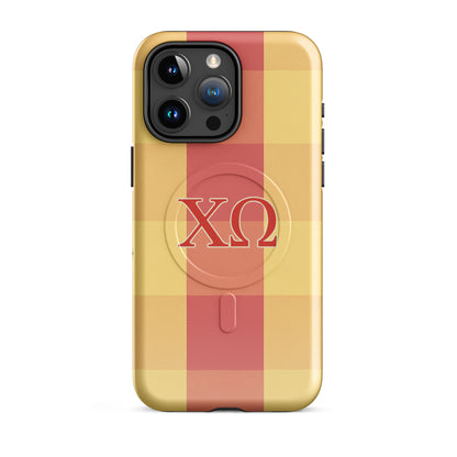 Chi Omega iPhone 15 Pro Max case featuring plaid pattern in cardinal and straw with XO Greek letters, MagSafe compatible