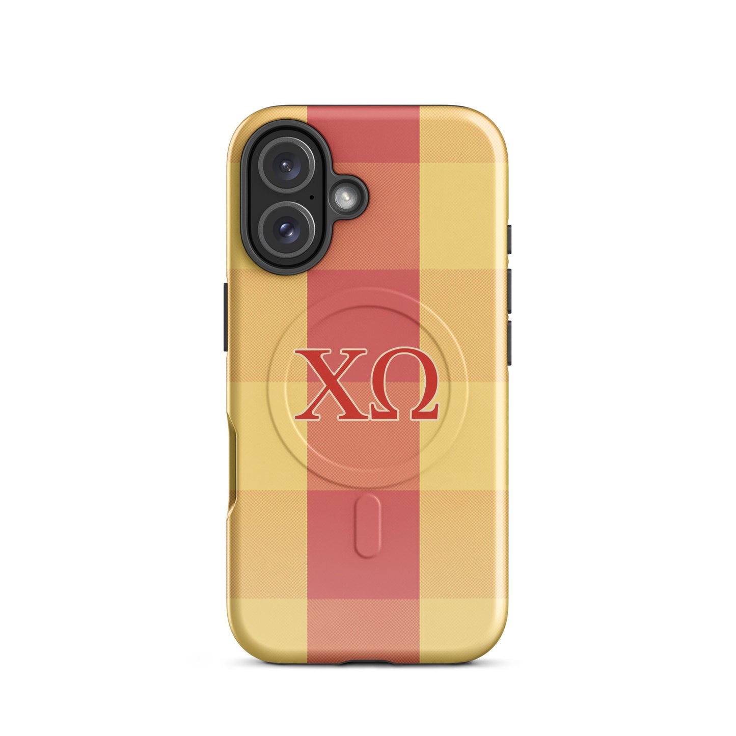 Chi Omega plaid iPhone 16 case with cardinal and straw check pattern and XO letters, MagSafe compatible protective phone case