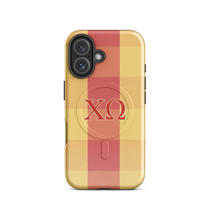 Chi Omega plaid iPhone 16 case with cardinal and straw check pattern and XO letters, MagSafe compatible protective phone case