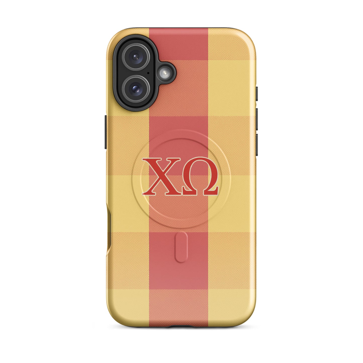 Chi Omega iPhone 16 Plus case with cardinal and straw plaid design and XO Greek letters, MagSafe compatible, glossy finish
