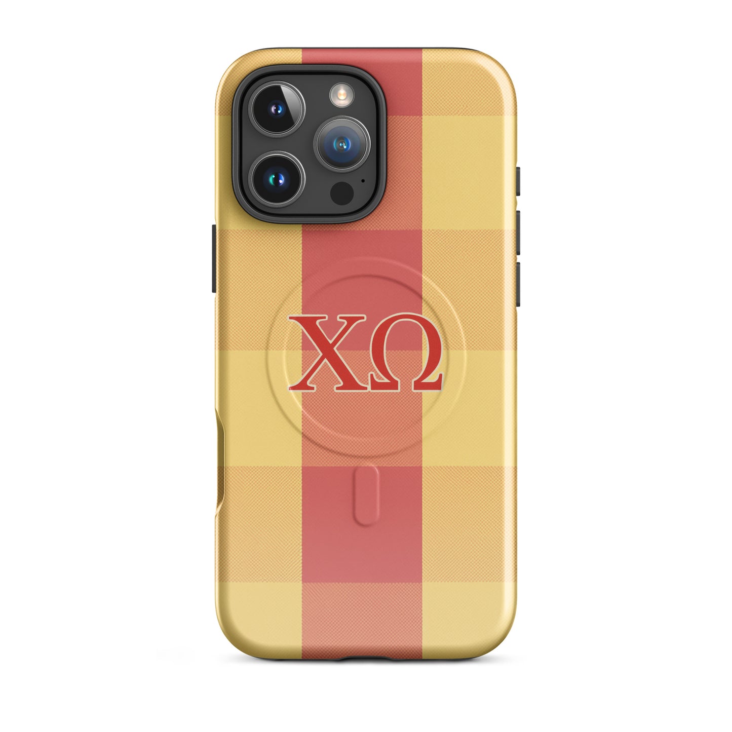 Chi Omega plaid iPhone 16 Pro Max case with cardinal and straw check pattern and XO letters, MagSafe compatible protective phone case