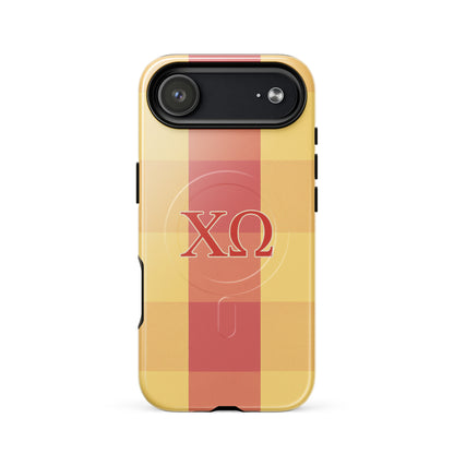 Chi Omega plaid iPhone 17 Air case with cardinal and straw check pattern and XO letters, MagSafe compatible protective phone case