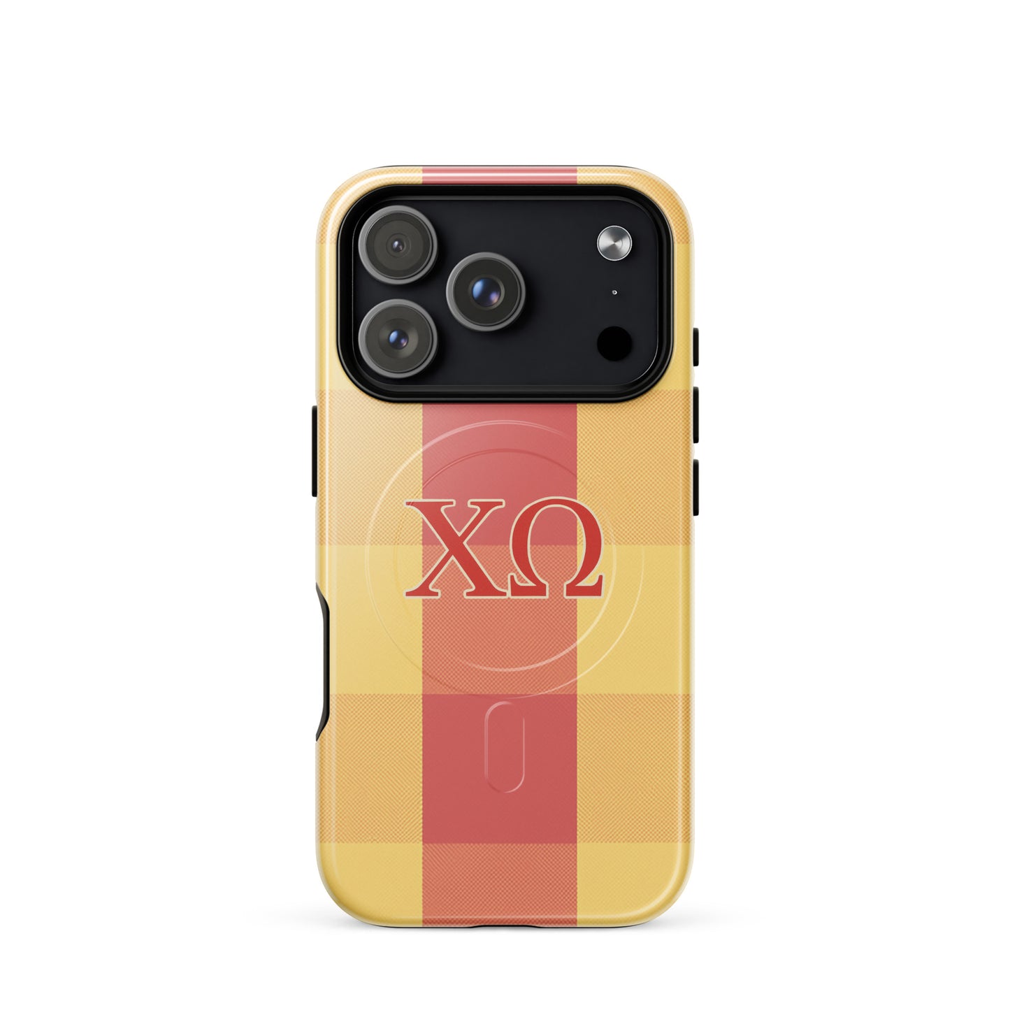 Chi Omega iPhone 17 Pro case with cardinal and straw plaid design and XO Greek letters, MagSafe compatible, glossy finish