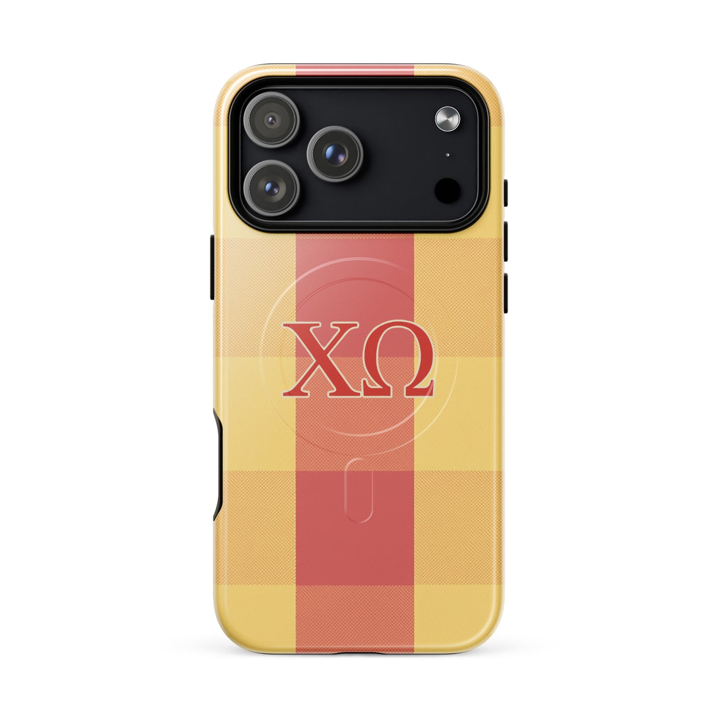 Chi Omega plaid iPhone 17 Pro Max case with cardinal and straw check pattern and XO letters, MagSafe compatible protective phone case