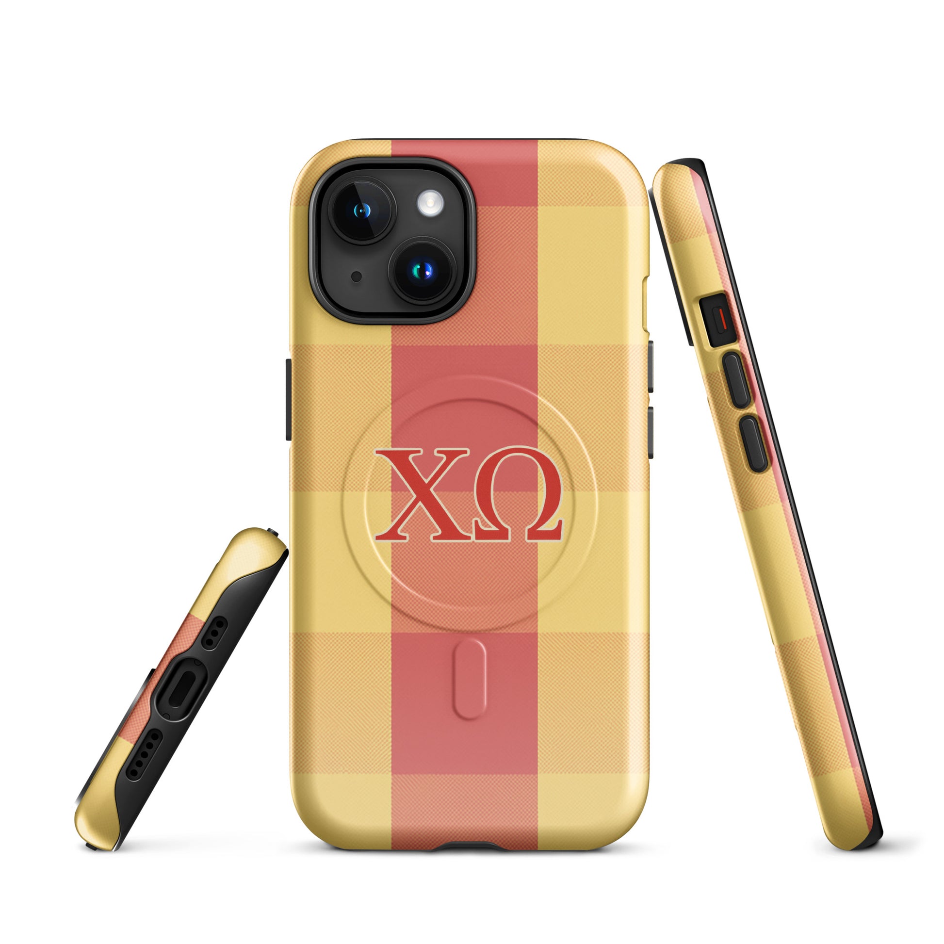 Chi Omega iPhone case with cardinal and straw plaid design and XO Greek letters, MagSafe compatible, glossy finish, front and side views
