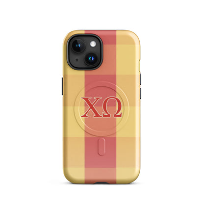 Chi Omega iPhone case with cardinal and straw plaid design and XO Greek letters, MagSafe compatible, glossy finish
