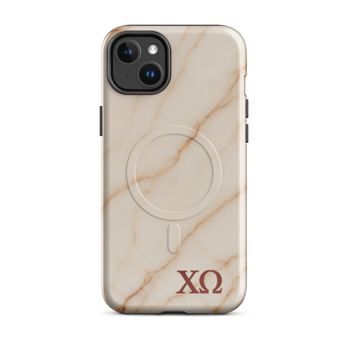 Chi Omega iPhone 14 Plus case with neutral marble design and XO Greek letters, MagSafe compatible, glossy finish