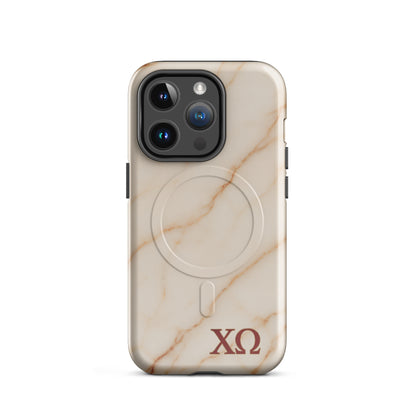 Chi Omega iPhone 14 Pro case featuring beige marble pattern with XO Greek letters, MagSafe compatible