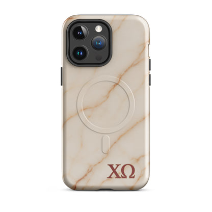 Chi Omega marble iPhone 14 Pro Max case with neutral stone tones and XO letters, MagSafe compatible protective phone case
