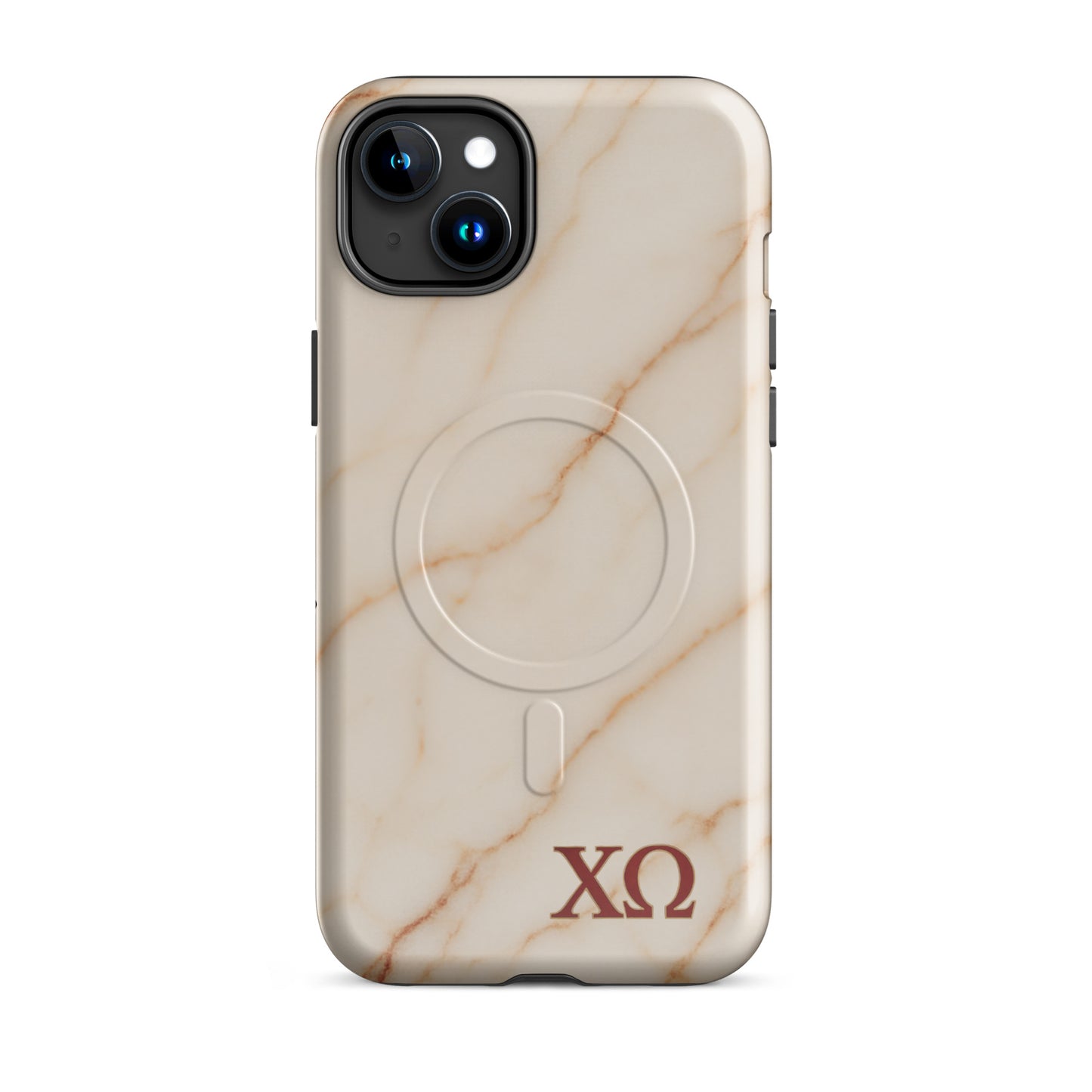 Chi Omega iPhone 15 Plus case featuring beige marble pattern with XO Greek letters, MagSafe compatible