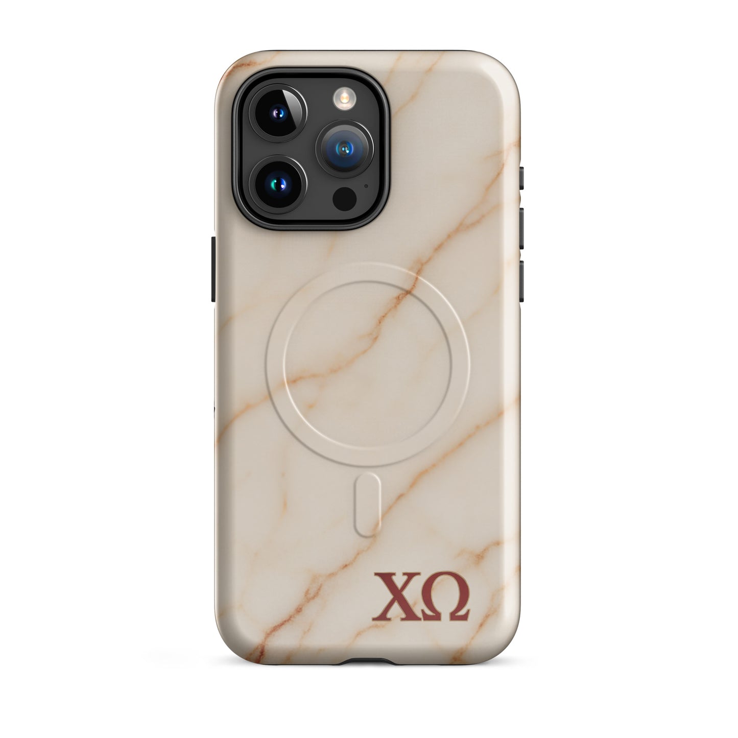Chi Omega iPhone 15 Pro Max case with neutral marble design and XO Greek letters, MagSafe compatible, glossy finish