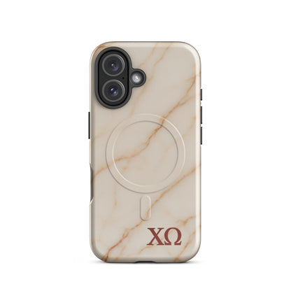 Chi Omega iPhone 16 case featuring beige marble pattern with XO Greek letters, MagSafe compatible