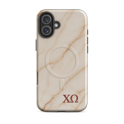 Chi Omega marble iPhone 16 Plus case with neutral stone tones and XO letters, MagSafe compatible protective phone case