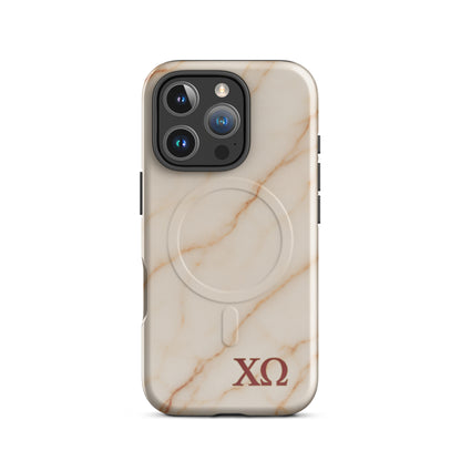 Chi Omega iPhone 16 Pro case with neutral marble design and XO Greek letters, MagSafe compatible, glossy finish