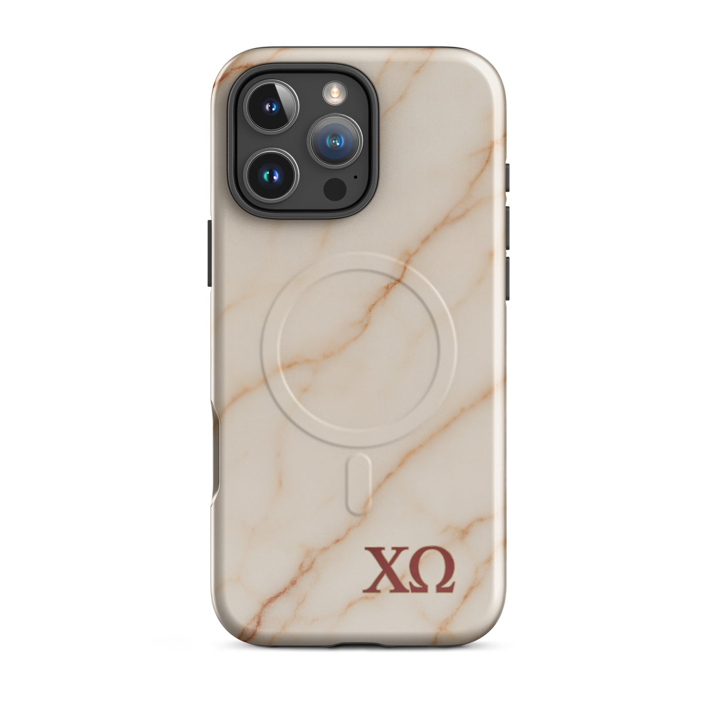 Chi Omega iPhone 16 Pro Max case featuring beige marble pattern with XO Greek letters, MagSafe compatible