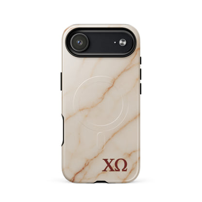 Chi Omega iPhone 17 Air case with neutral marble design and XO Greek letters, MagSafe compatible, glossy finish
