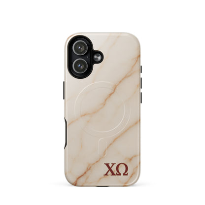Chi Omega marble iPhone 17 case with neutral stone tones and XO letters, MagSafe compatible protective phone case