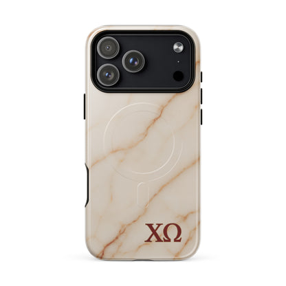Chi Omega marble iPhone 17 Pro Max case with neutral stone tones and XO letters, MagSafe compatible protective phone case