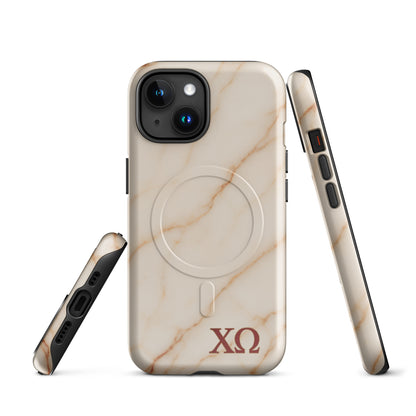 Chi Omega iPhone case with neutral marble design and XO Greek letters, MagSafe compatible, glossy finish, front and side views