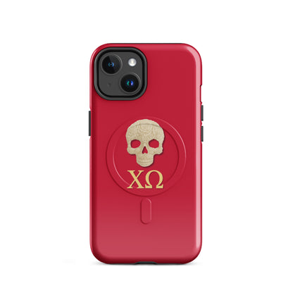 Chi Omega iPhone 14 case with ivory skull and XO Greek letters on cardinal background, MagSafe compatible, glossy finish