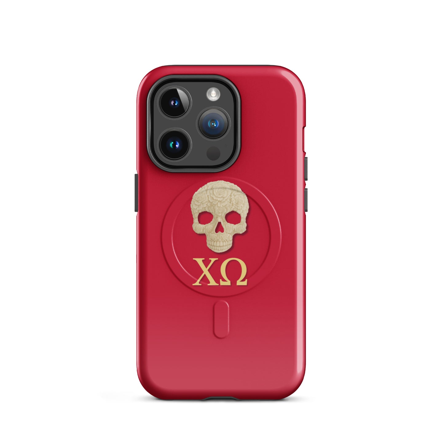 Chi Omega skull iPhone 14 Pro case with XO letters in cardinal and straw tones, MagSafe compatible protective phone case