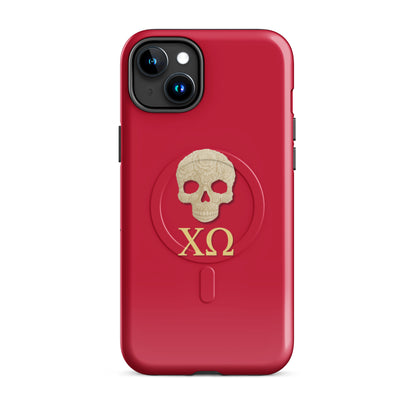 Chi Omega skull iPhone 15 Plus case with XO letters in cardinal and straw tones, MagSafe compatible protective phone case