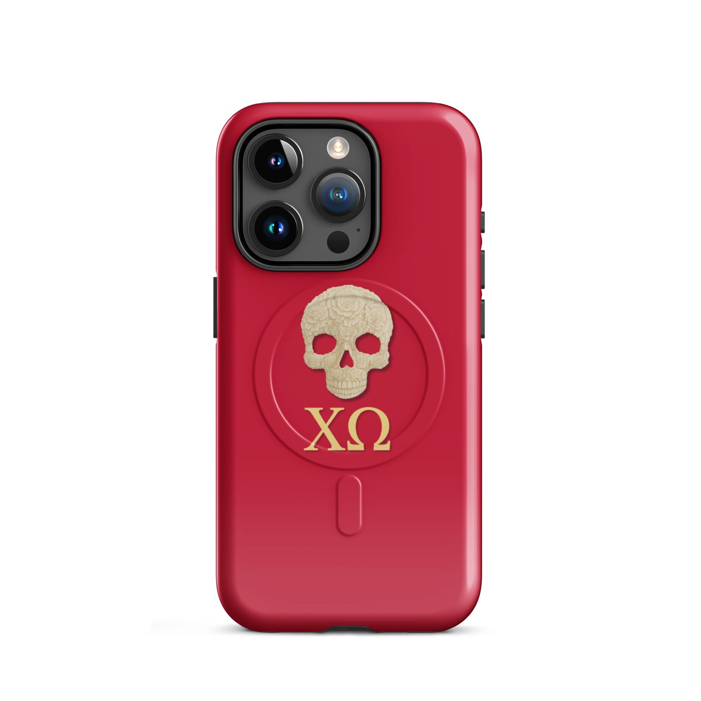 Chi Omega iPhone 15 Pro case with ivory skull and XO Greek letters on cardinal background, MagSafe compatible, glossy finish